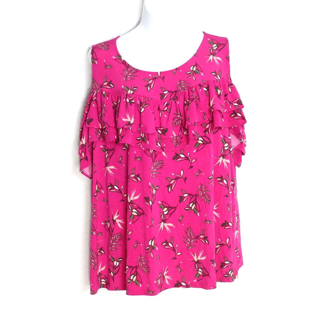 Lane Bryant Cold Shoulder Ruffle Blouse size 26-28 Pink Floral Keyhole